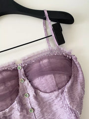 Purple lace ruffle hem tank top with button front and sheer overlay.