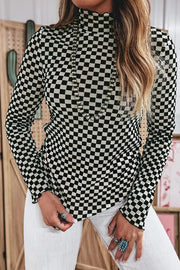 Plaid Stand Neck Long Sleeve Mesh Top, front view