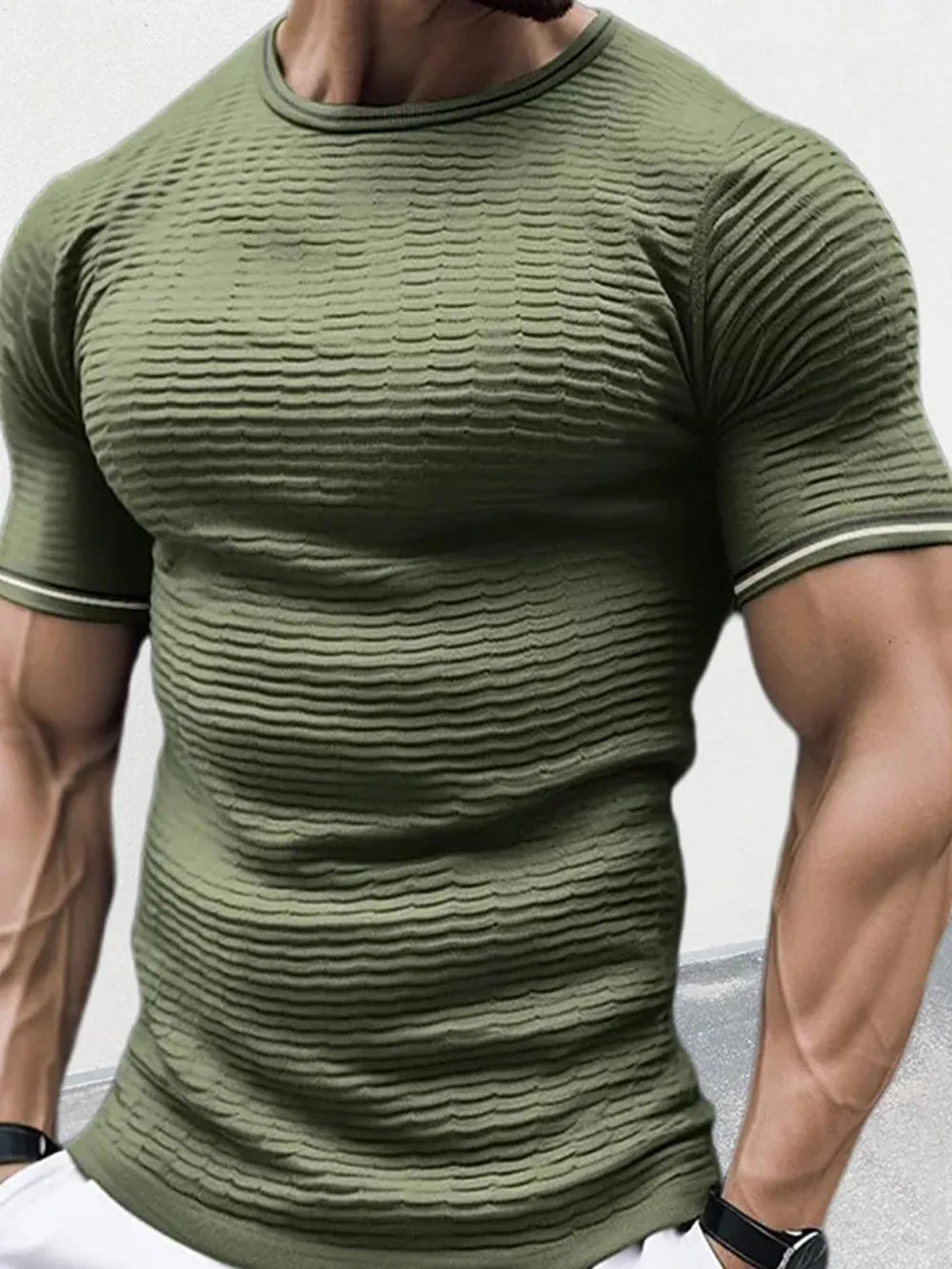 Army green textured knit t-shirt with sculpted fit and crew neck.