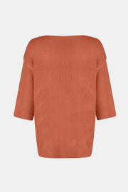 Orange knit sweater with V-neck and flared sleeves.