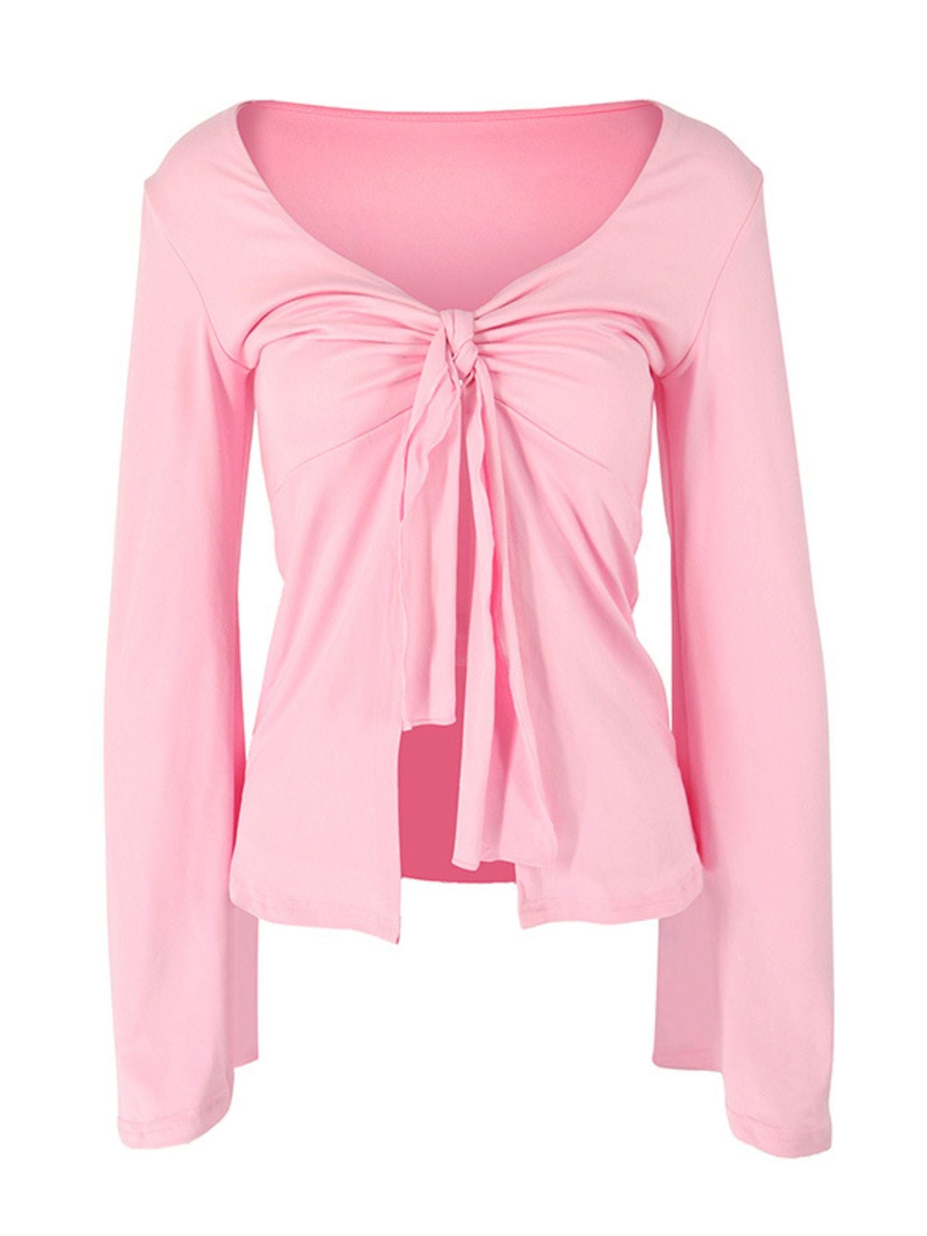 Pink long sleeve blouse with tie-front detail and V-neck.
