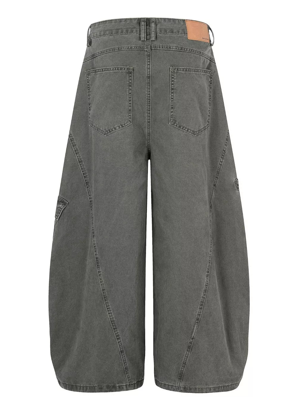 Grey wide-leg cargo pants with large pockets and contemporary stitching detail.