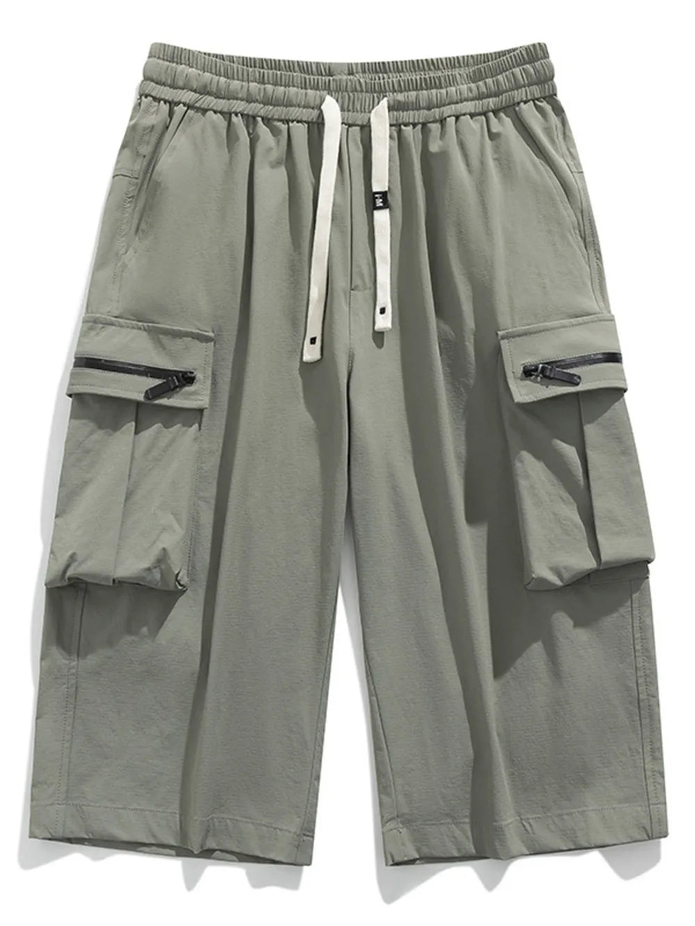 Army green cargo shorts with drawstring waist and zippered pockets.