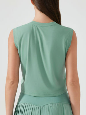 Sculpted crop active muscle tee in teal, sleeveless with crew neck.