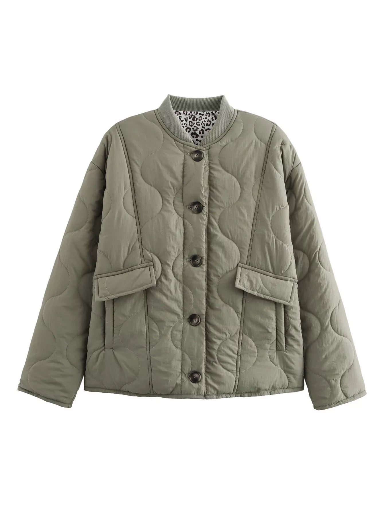 Moss quilted button-down jacket with leopard print lining and chest pockets.