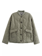 Moss quilted button-down jacket with leopard print lining and chest pockets.