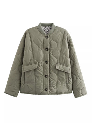 Moss quilted button-down jacket with leopard print lining and chest pockets.