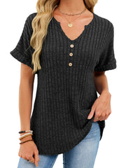 Black ribbed knit short sleeve t-shirt with v-neck and decorative buttons, curved hem.
