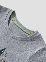 Gray cotton long-sleeve tee with dinosaur graphic and neon green neck trim detail.