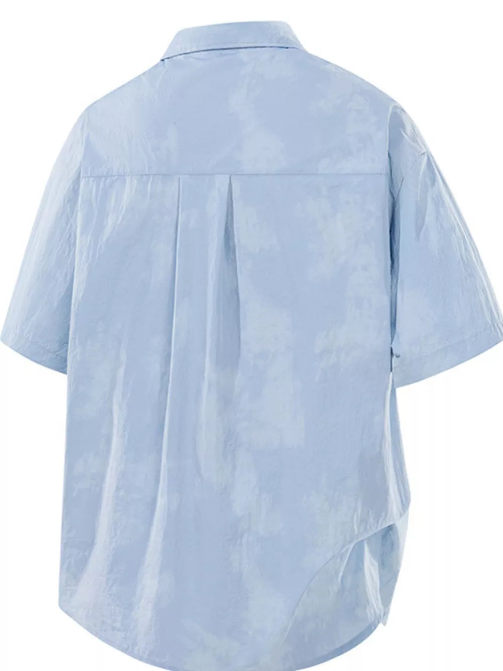 Men's blue tie-dye print casual shirt, short sleeve, buttoned, cotton blend.