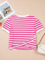 Textured knit tee with pink and white stripes and a crossed detail at the hem.