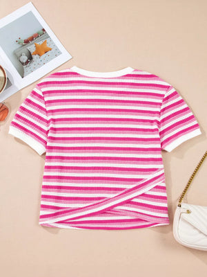 Textured knit tee with pink and white stripes and a crossed detail at the hem.