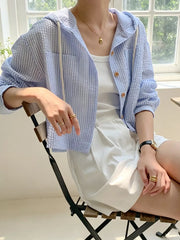 Striped Hooded Shirt With Drawstring, back view