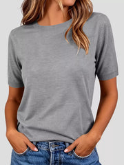 Classic Crew Neck Short Sleeve Knit Top in Dark Brown, model styling view