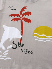 Kids graphic t-shirt in grey cotton with a dolphin, palm tree, sun, and "Sun Vibes" text.
