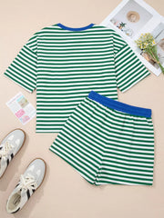 Green and white striped cotton boxy tee with blue trim and matching shorts.