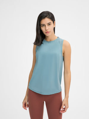 Mesh-back performance tank top in teal with a round neckline and sleeveless cut.