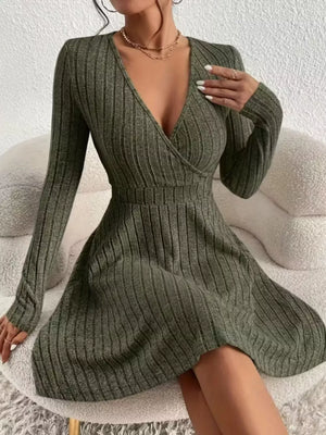 Ribbed wrap mini dress in Army Green with long sleeves and a V-neckline.