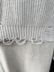 Light gray distressed cotton sweater set with deconstructed hem detail.