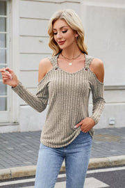 Ribbed cold-shoulder top in gray with ring detail and long sleeves.
