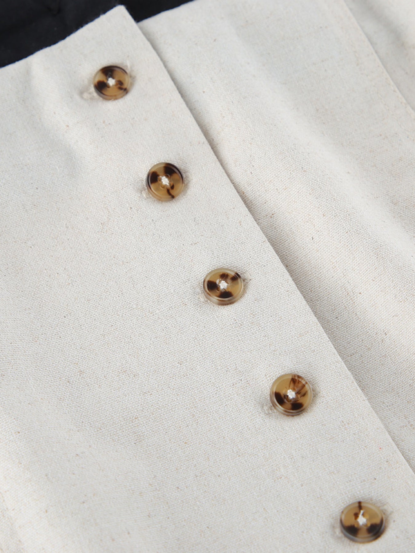 Beige cotton blend button front maxi dress detail with tortoise shell buttons