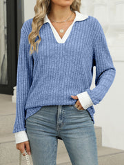 Ribbed knit long sleeve t-shirt in Peacock Blue with white collar and cuffs, v-neck.