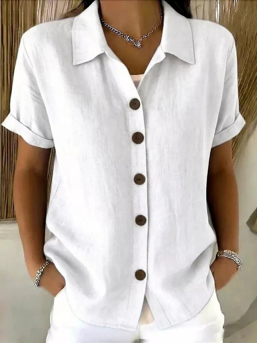 Full Size Button Up Short Sleeve Shirt in Army Green, model styling view
