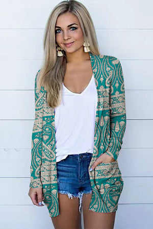 Teal paisley print open-front duster cardigan with pockets
