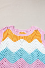 Chevron knit tank top with pink, orange, white, blue, and pink stripes and open knit details.