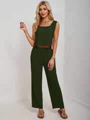 Black Forest cropped tank and palazzo pant set with square neckline and wide leg pants.