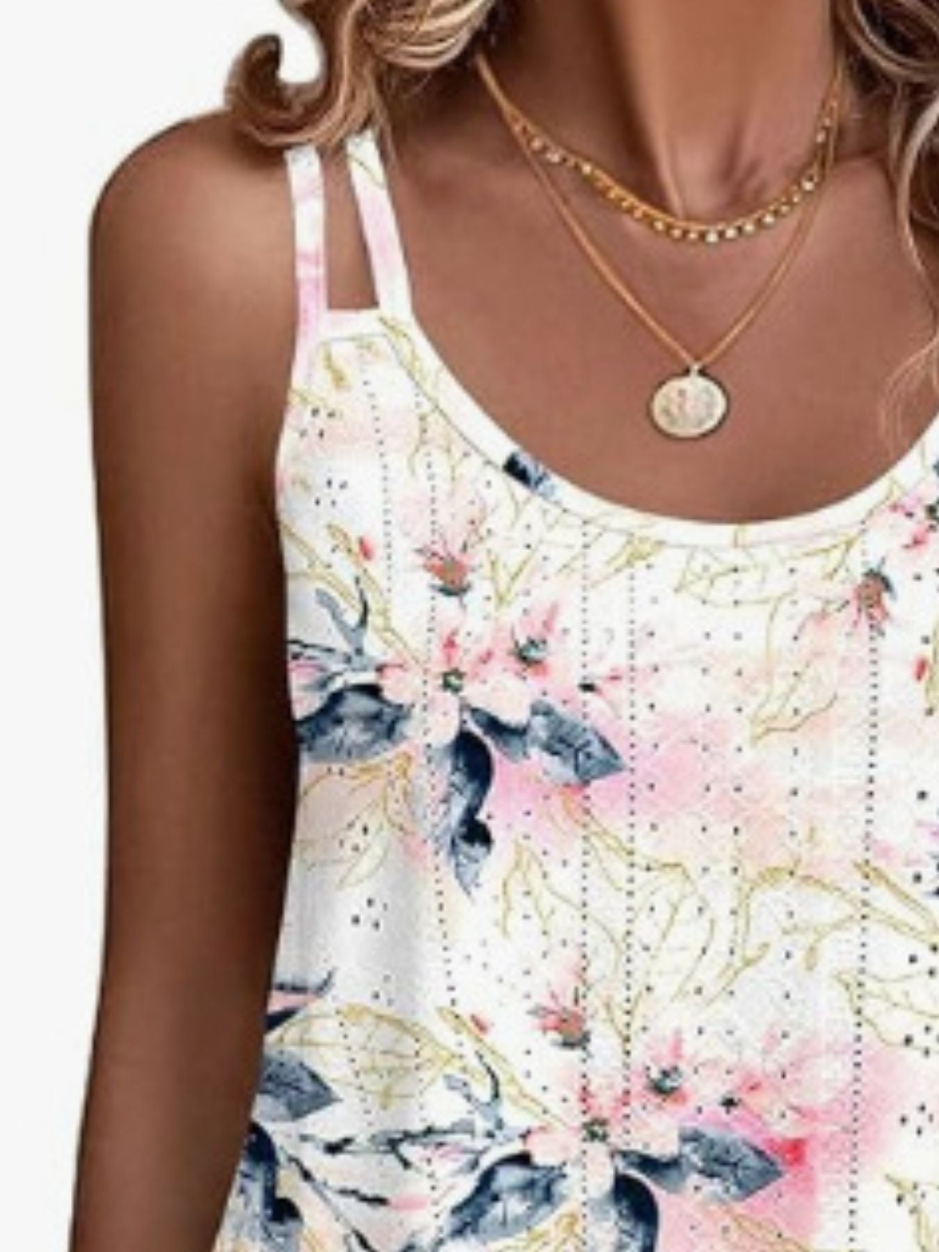 Floral eyelet cami in white with pink and blue flowers, featuring double straps.