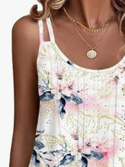 Floral eyelet cami in white with pink and blue flowers, featuring double straps.