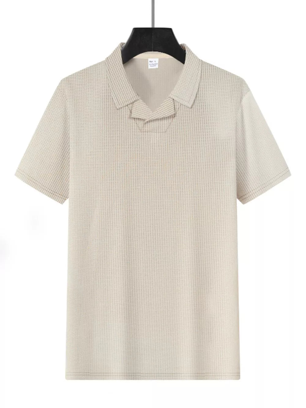 Khaki waffle knit polo shirt with short sleeves and a unique collar detail.