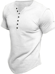 White henley tee with button placket and curved hem