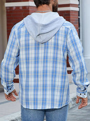 Plaid long sleeve button-up shirt with attached grey hood, light blue and white pattern.