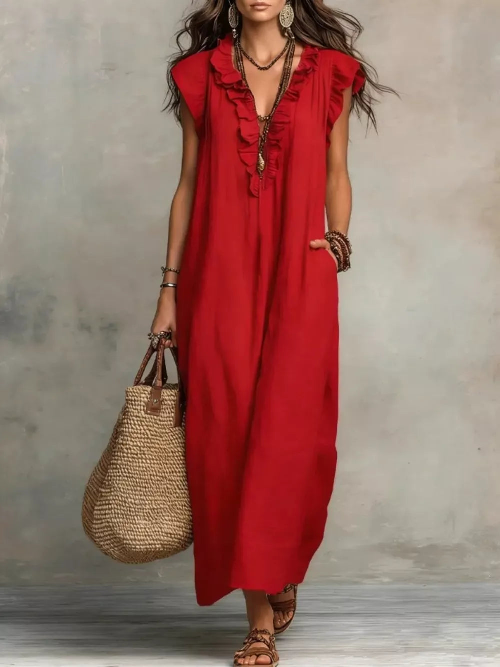 Ruffled V-neck Maxi Dress, alternate angle