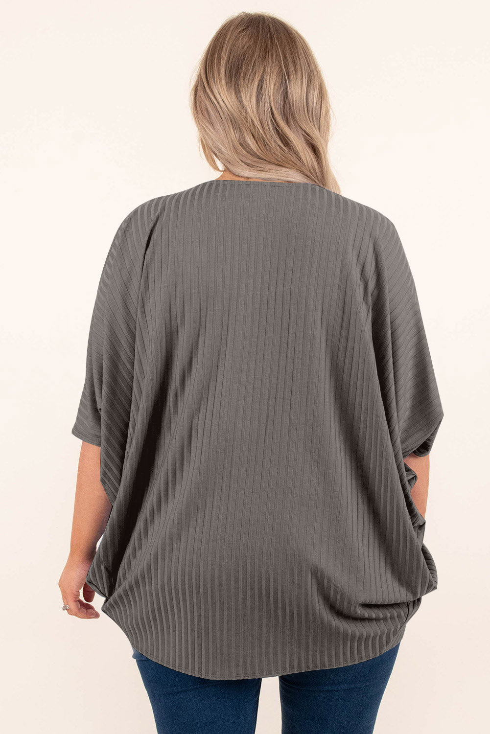 Dark Gray ribbed batwing cardigan with short sleeves and a drape front.