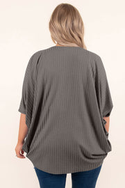 Dark Gray ribbed batwing cardigan with short sleeves and a drape front.