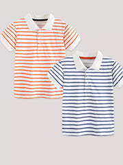 Two short sleeve cotton polos, one coral striped and one dusty blue striped, with white collars.