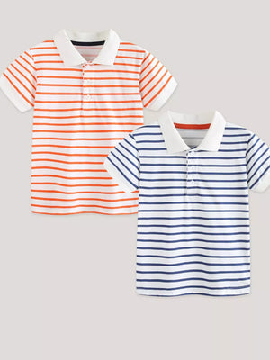 Two short sleeve cotton polos, one coral striped and one dusty blue striped, with white collars.
