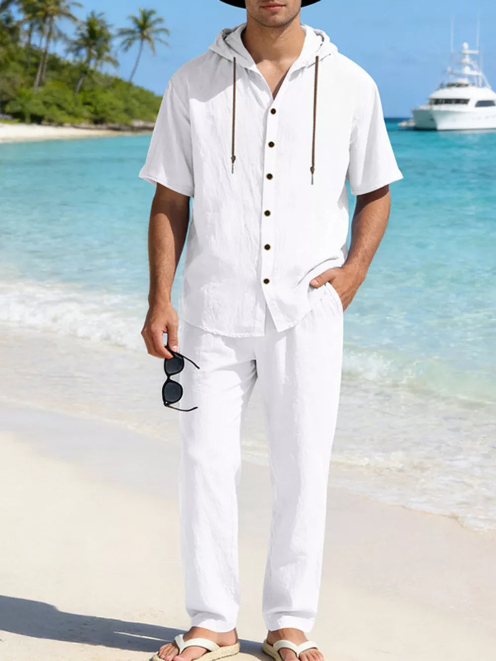 White linen blend hooded top and pants ensemble for men, short sleeve button-up shirt with drawstring hood.