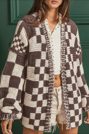 Chic checkered acrylic cardigan with balloon sleeves in brown and beige.