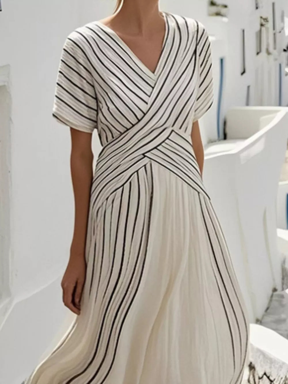 Full Size Striped Short Sleeve Wrap Maxi Dress in Beige, side view