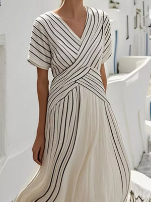 Full Size Striped Short Sleeve Wrap Maxi Dress in Beige, side view
