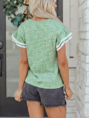Women's green and white striped cotton blouse with ruffled sleeves and lace trim.