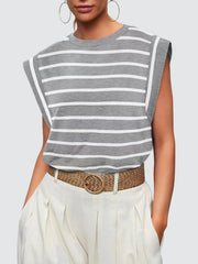 Gray and white striped sleeveless tank top with shoulder detail