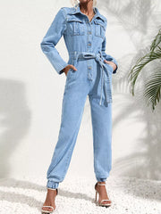 Button Front Belt Denim Jumpsuit, side view
