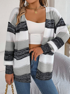 Open-front knit cardigan with horizontal stripes in black, white, and gray acrylic.