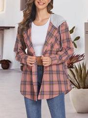 Plaid shirt jacket with contrast hood in pale blush, featuring a relaxed fit and open front.