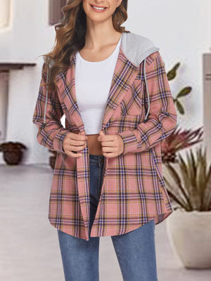 Plaid shirt jacket with contrast hood in pale blush, featuring a relaxed fit and open front.